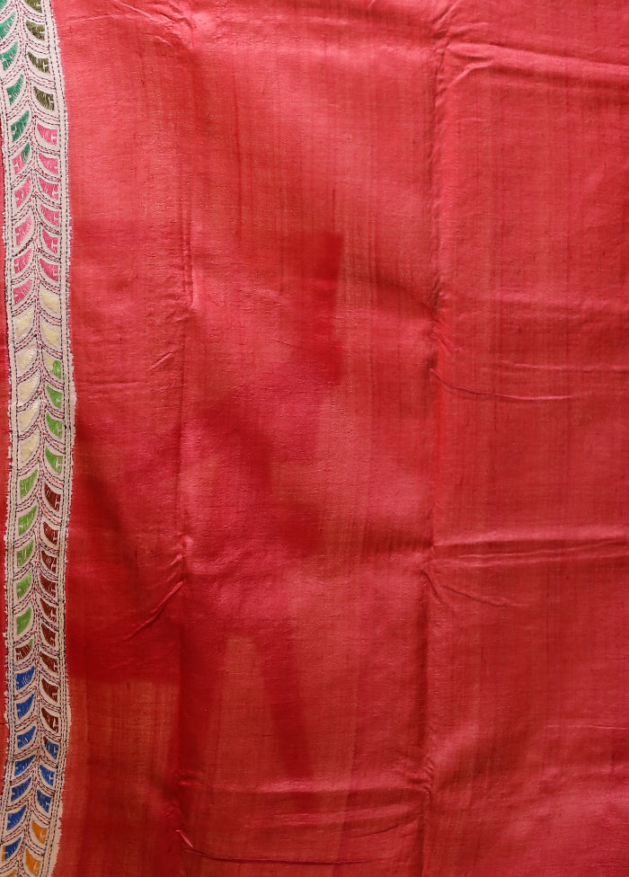 Cream Handloom Kantha Stitch Pure Silk Saree With Blouse Piece