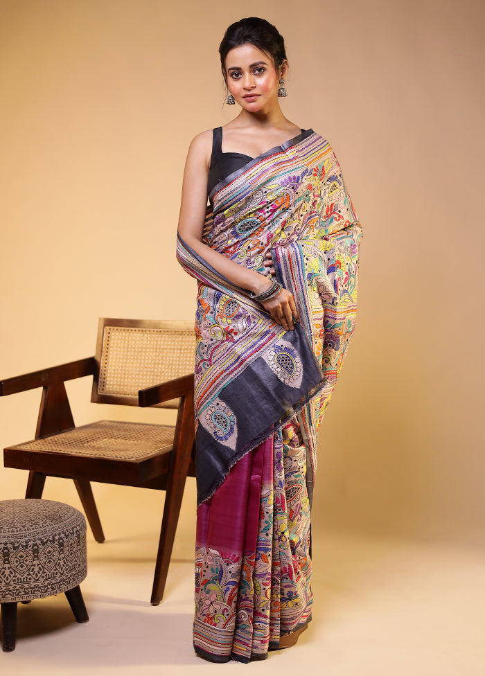 Cream Handloom Kantha Stitch Pure Silk Saree With Blouse Piece