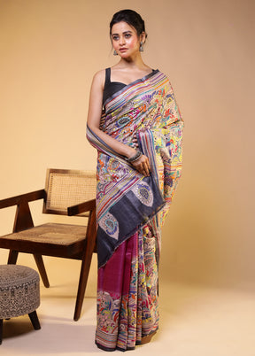Cream Handloom Kantha Stitch Pure Silk Saree With Blouse Piece