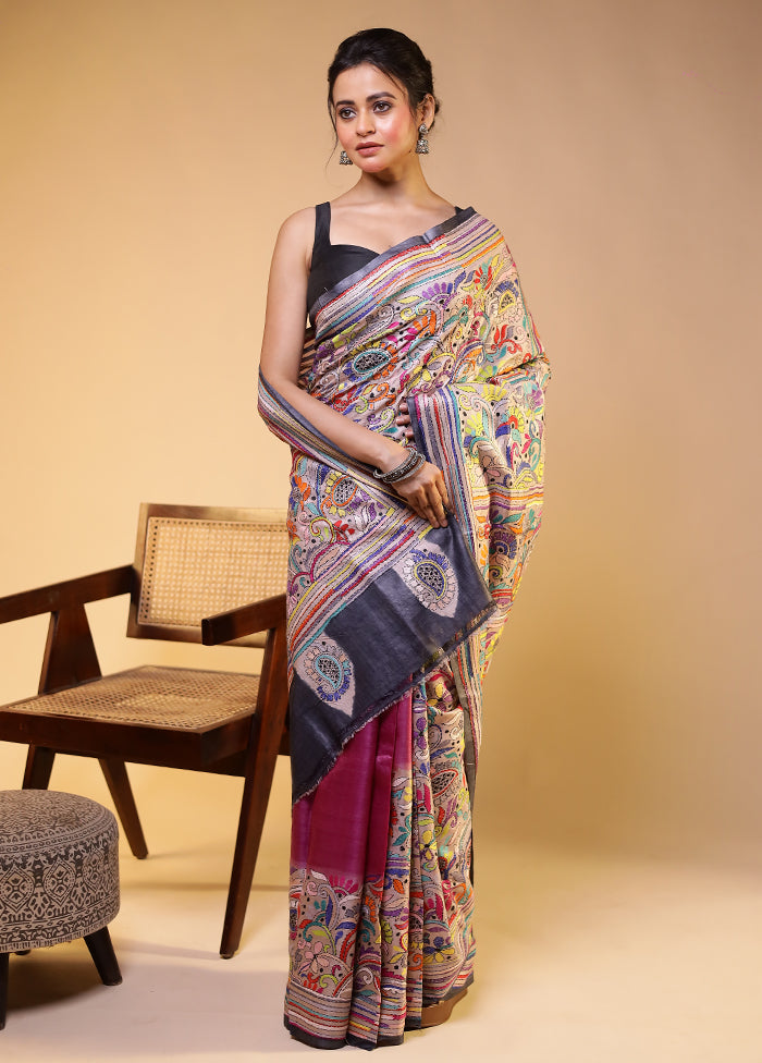 Cream Handloom Kantha Stitch Pure Silk Saree With Blouse Piece