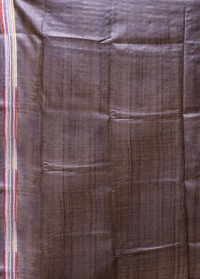 Cream Handloom Kantha Stitch Pure Silk Saree With Blouse Piece
