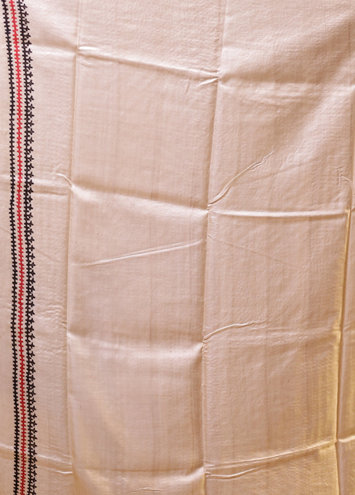 Cream Handloom Kantha Stitch Pure Silk Saree With Blouse Piece