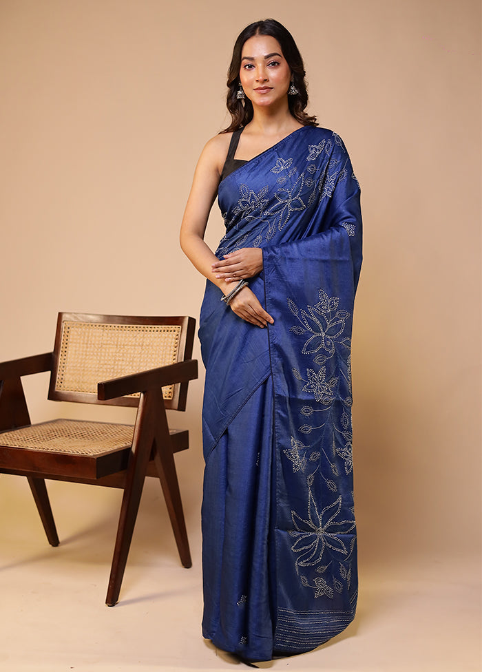 Blue Handloom Tussar Pure Silk Saree With Blouse Piece