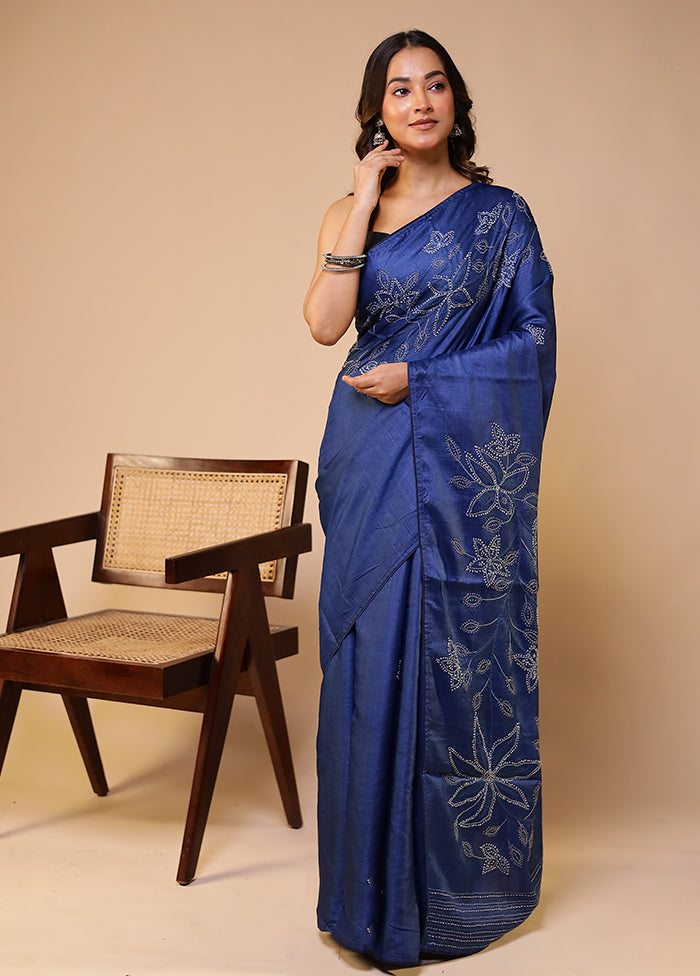 Blue Handloom Tussar Pure Silk Saree With Blouse Piece