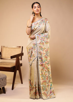 Cream Handloom Tussar Pure Silk Saree With Blouse Piece