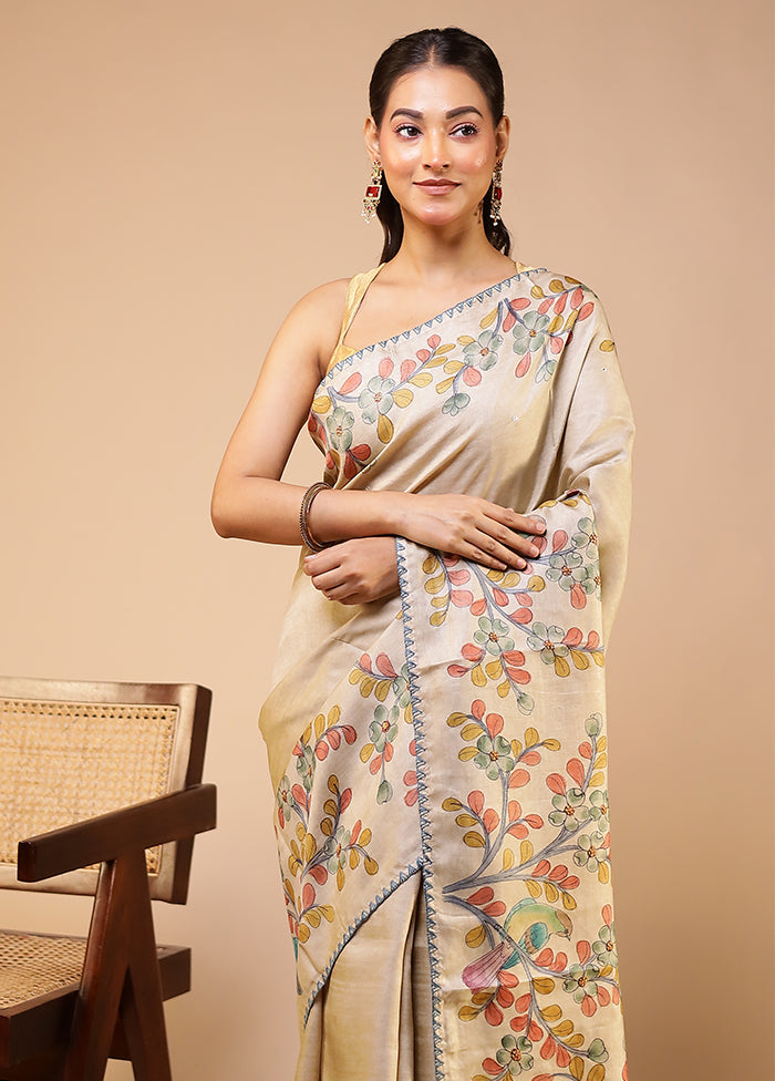 Cream Handloom Tussar Pure Silk Saree With Blouse Piece
