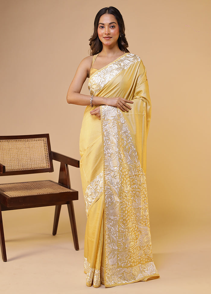 Cream Handloom Tussar Pure Silk Saree With Blouse Piece