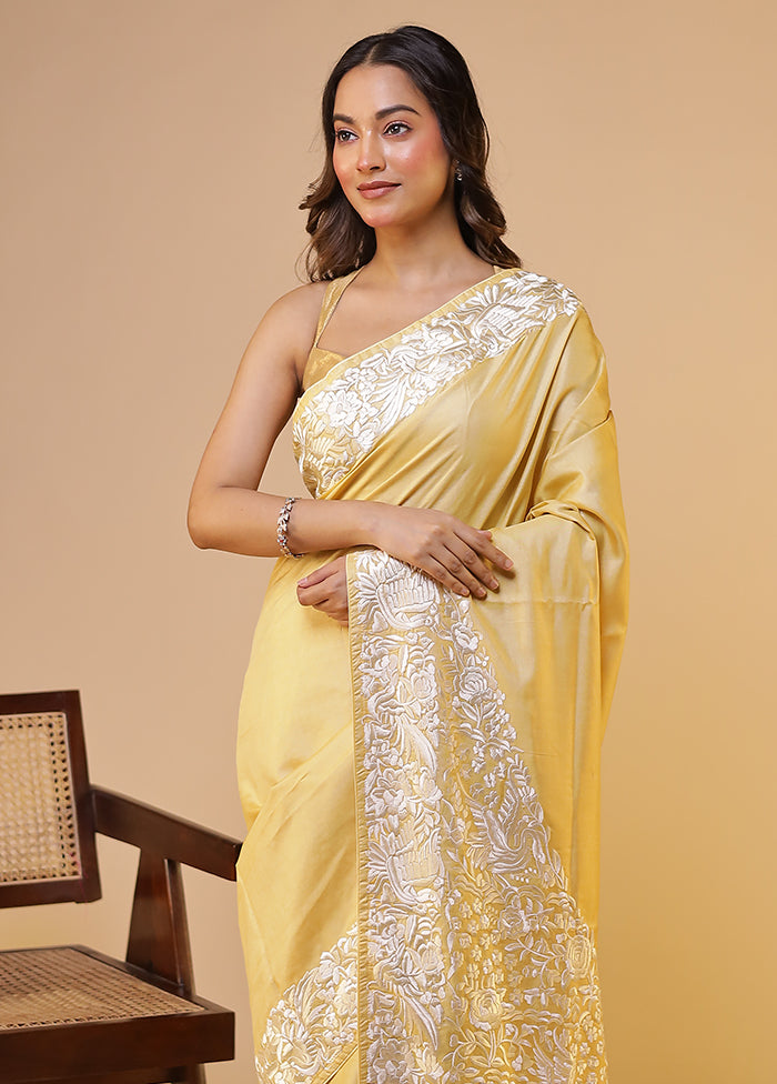 Cream Handloom Tussar Pure Silk Saree With Blouse Piece