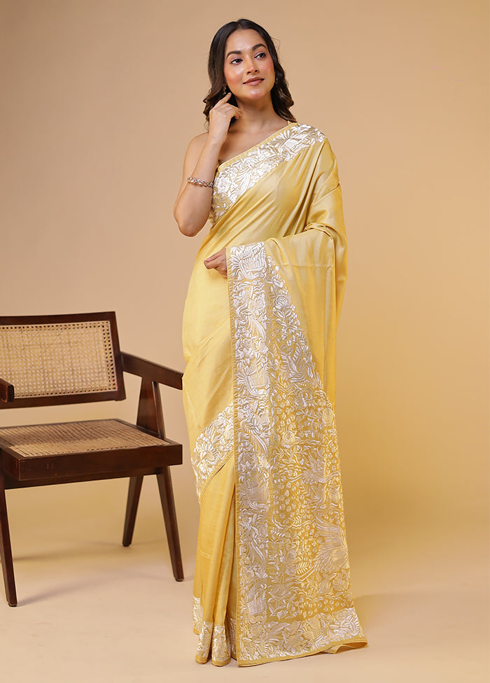 Cream Handloom Tussar Pure Silk Saree With Blouse Piece