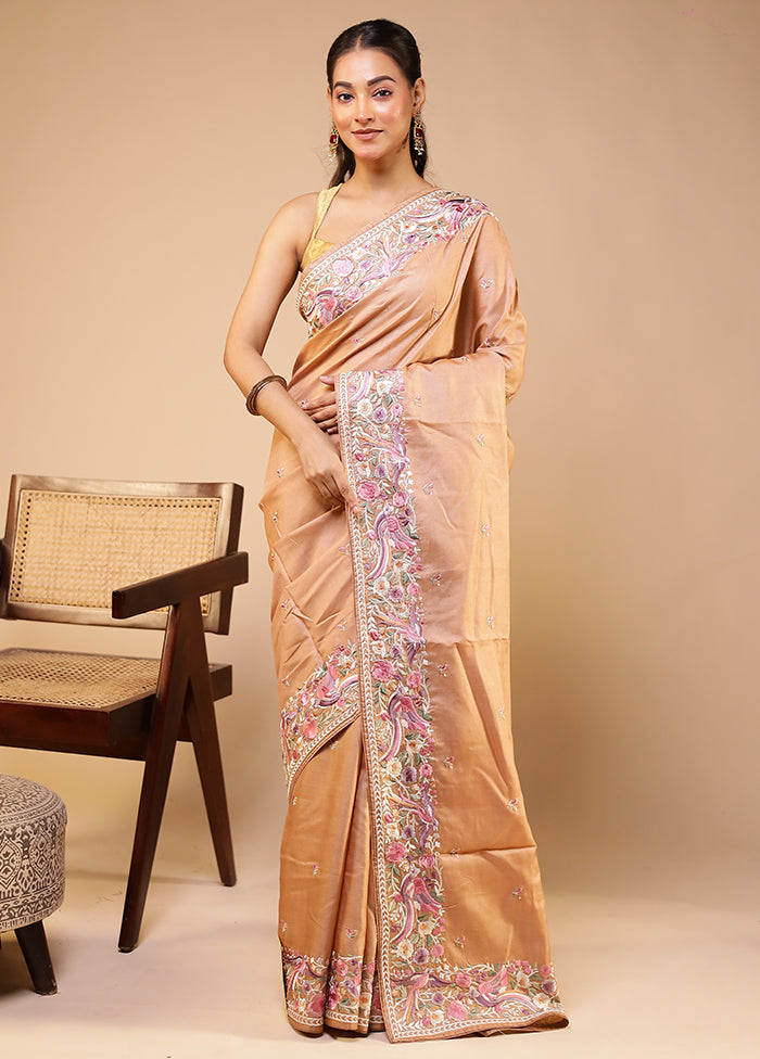Cream Handloom Tussar Pure Silk Saree With Blouse Piece