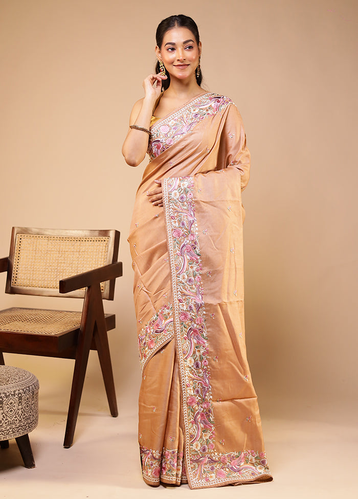 Pink Handloom Tussar Pure Silk Saree With Blouse Piece