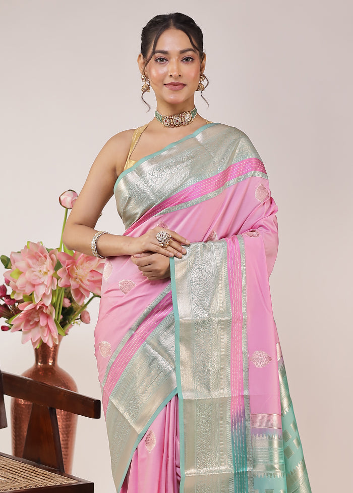 Pink Kanjivaram Silk Saree With Blouse Piece