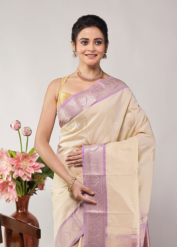Cream Kanjivaram Silk Saree With Blouse Piece