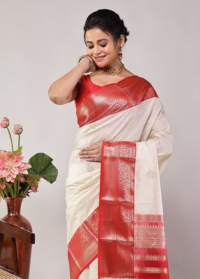 White Kanjivaram Silk Saree With Blouse Piece