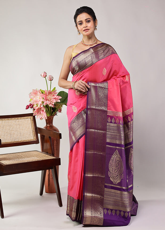 Pink Kanjivaram Silk Saree With Blouse Piece