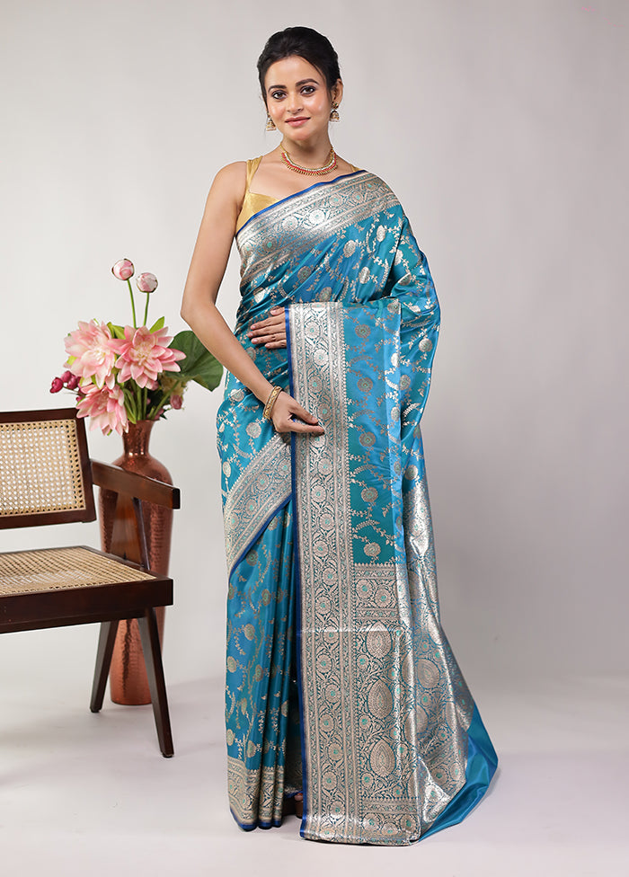 Blue Banarasi Silk Saree With Blouse Piece