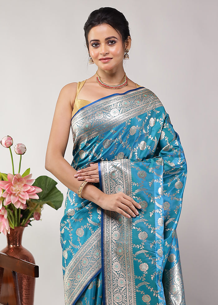 Blue Banarasi Silk Saree With Blouse Piece