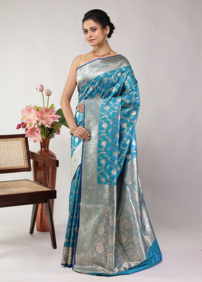 Blue Banarasi Silk Saree With Blouse Piece