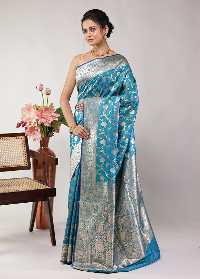Blue Banarasi Silk Saree With Blouse Piece