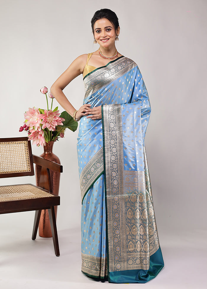 Blue Banarasi Silk Saree With Blouse Piece