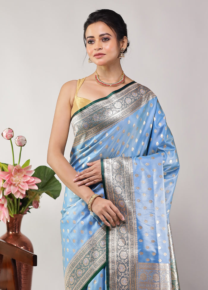 Blue Banarasi Silk Saree With Blouse Piece