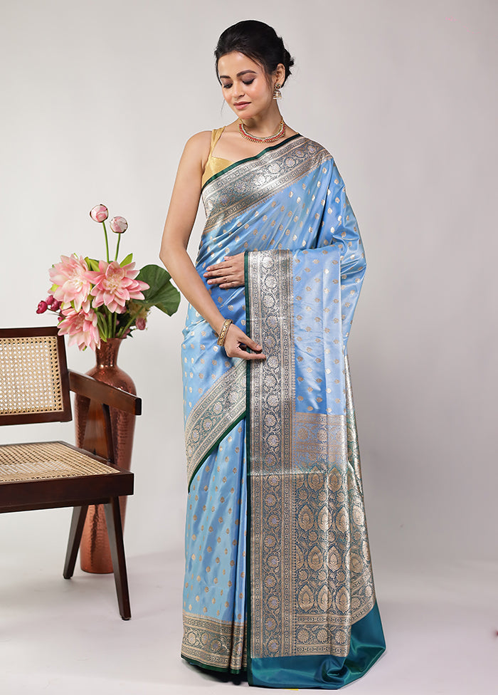 Blue Banarasi Silk Saree With Blouse Piece