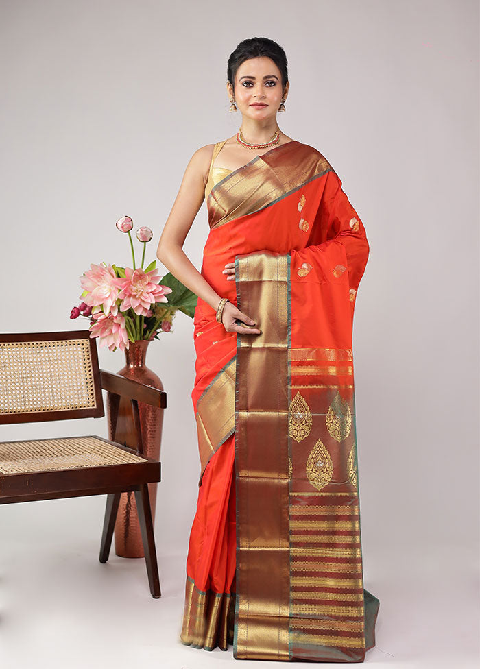 Orange Kanjivaram Silk Saree With Blouse Piece