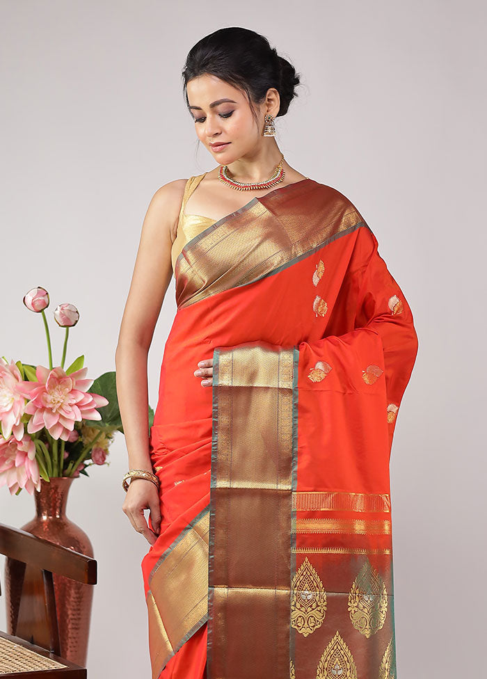 Orange Kanjivaram Silk Saree With Blouse Piece