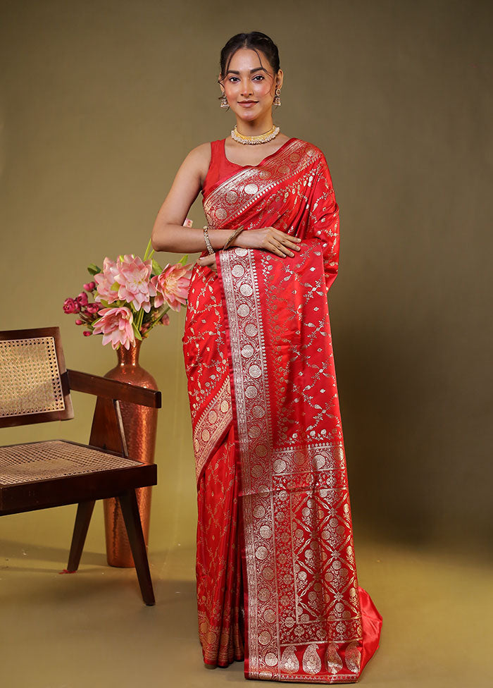 Red Banarasi Silk Saree With Blouse Piece