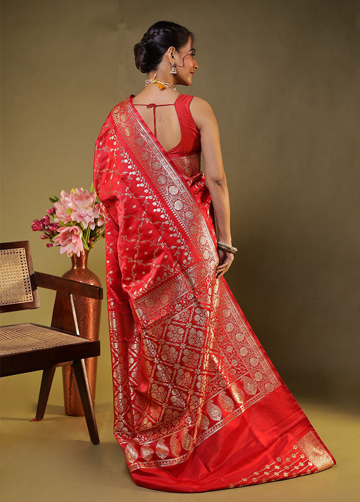 Red Banarasi Silk Saree With Blouse Piece