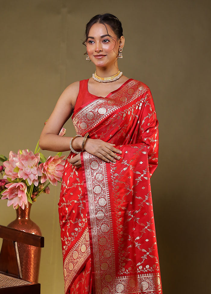Red Banarasi Silk Saree With Blouse Piece