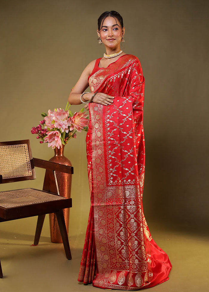 Red Banarasi Silk Saree With Blouse Piece