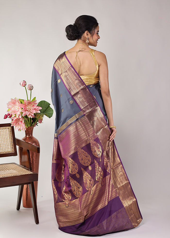 Grey Kanjivaram Silk Saree With Blouse Piece