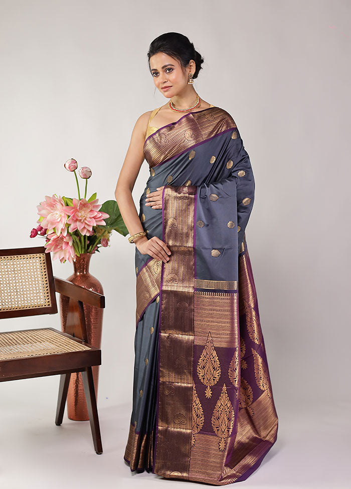 Grey Kanjivaram Silk Saree With Blouse Piece