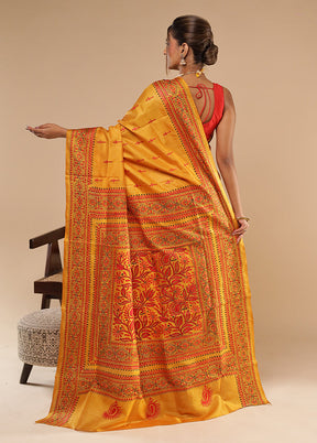 Orange Handloom Kantha Stitch Pure Silk Saree With Blouse Piece