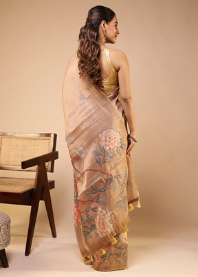 Cream Linen Silk Saree With Blouse Piece
