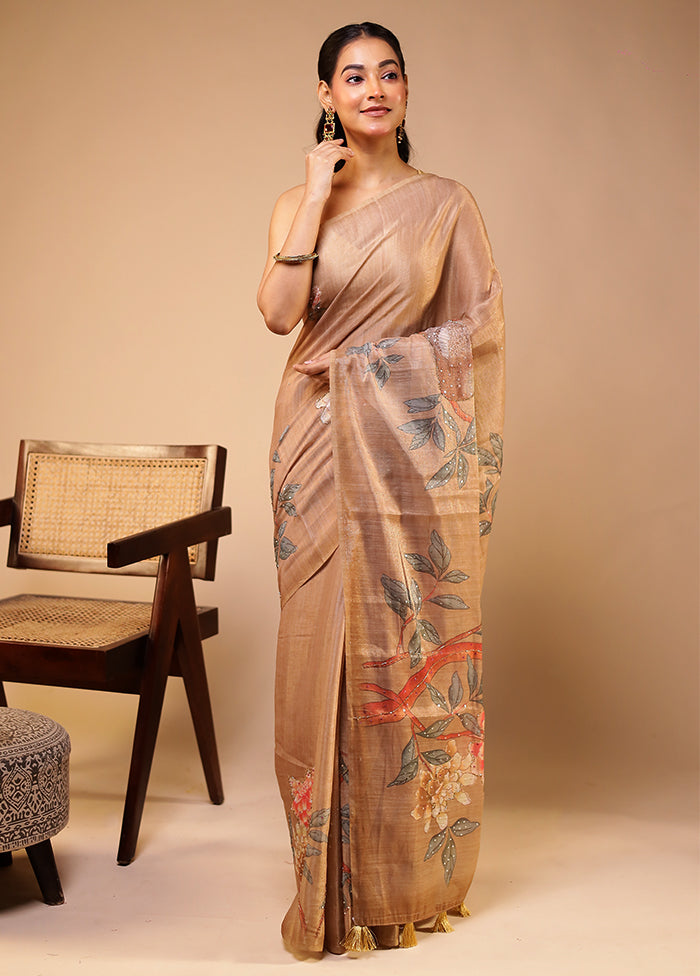 Cream Linen Silk Saree With Blouse Piece