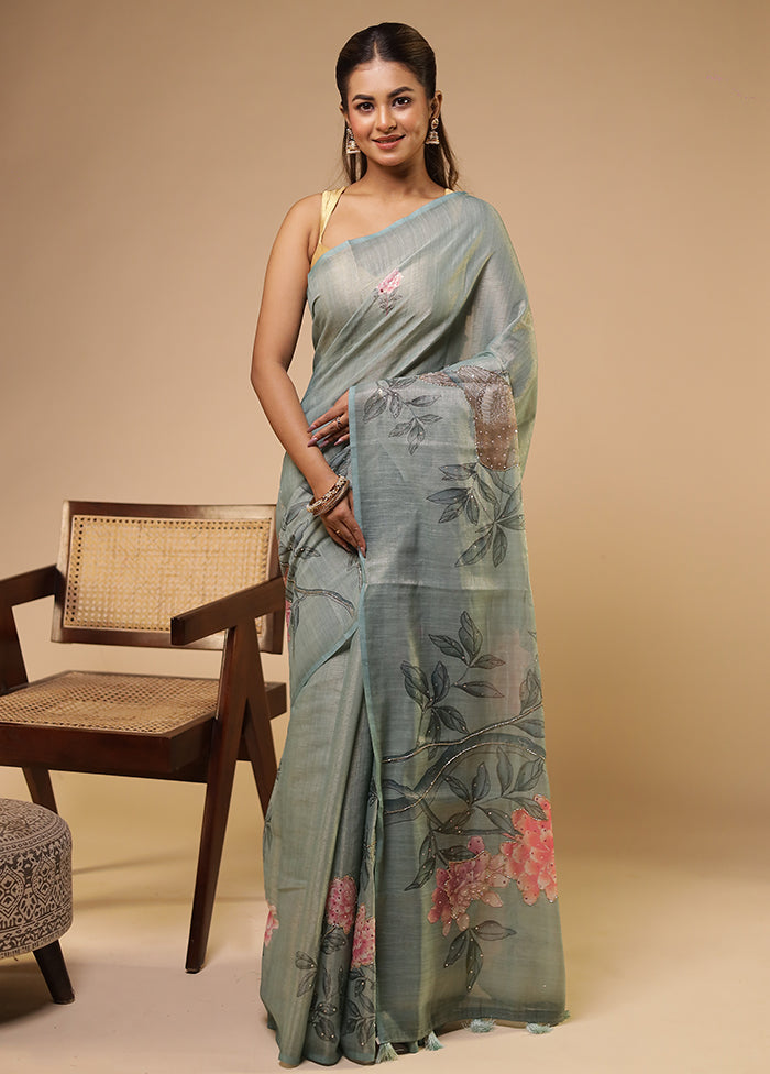 Green Linen Silk Saree With Blouse Piece