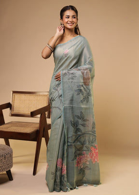 Green Linen Silk Saree With Blouse Piece