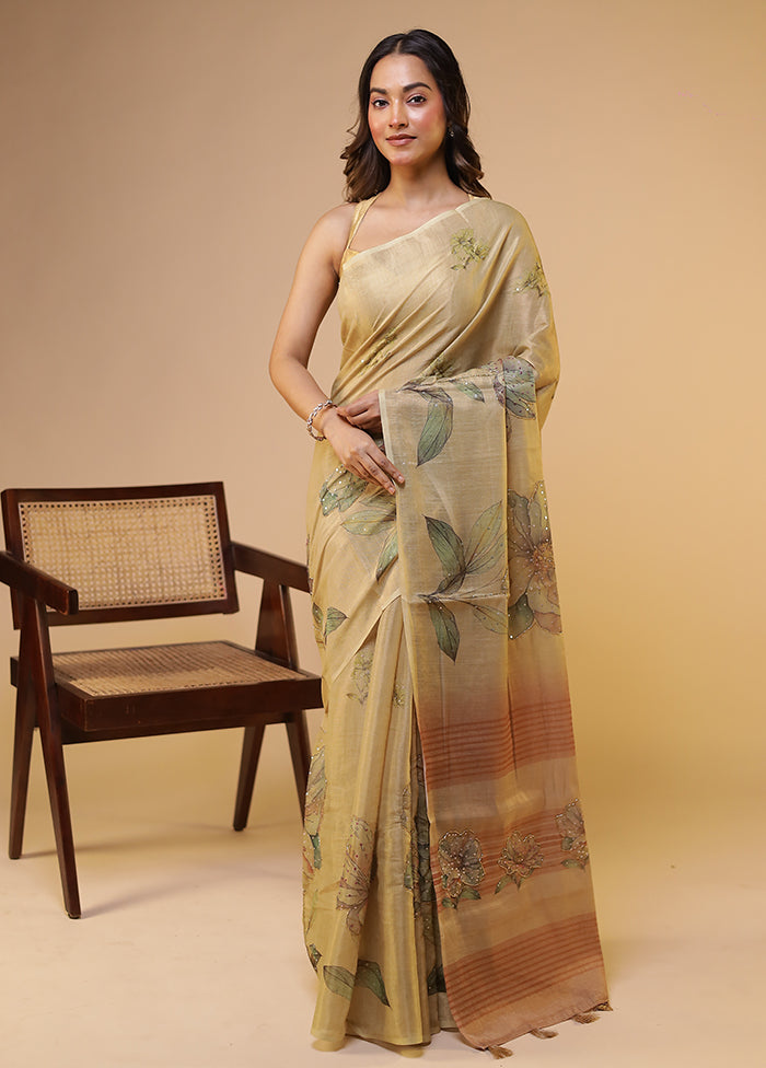 Cream Linen Silk Saree With Blouse Piece