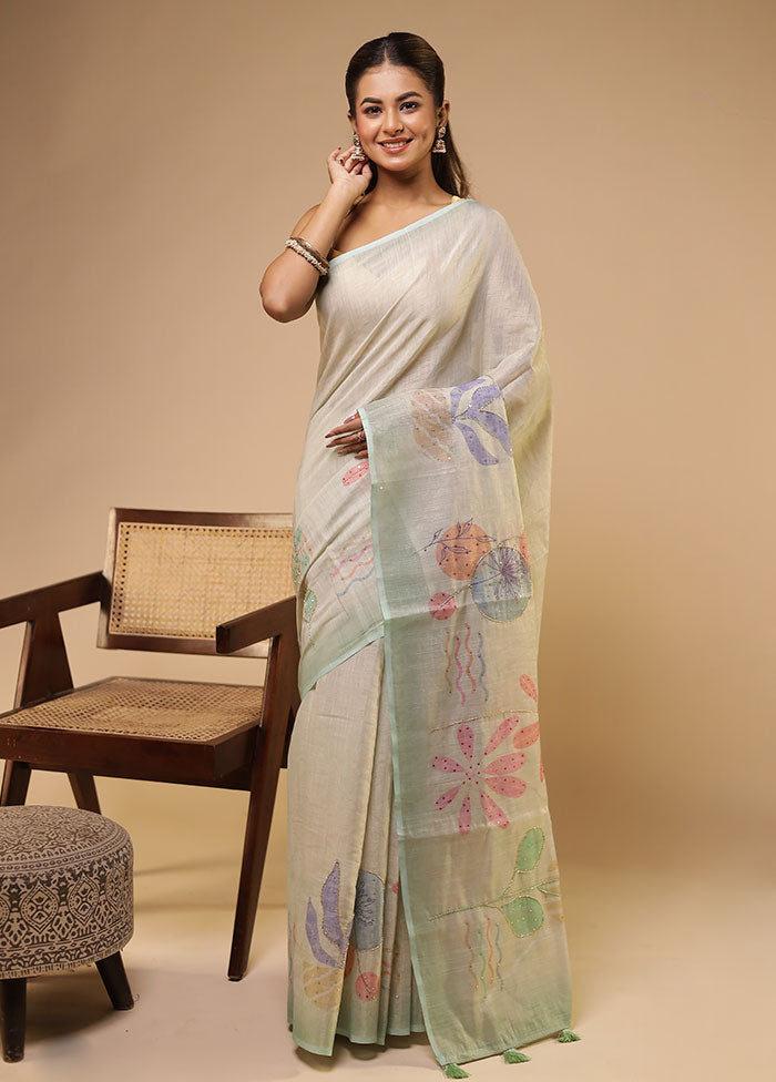 Green Linen Silk Saree With Blouse Piece