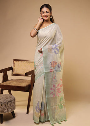 White Linen Silk Saree With Blouse Piece