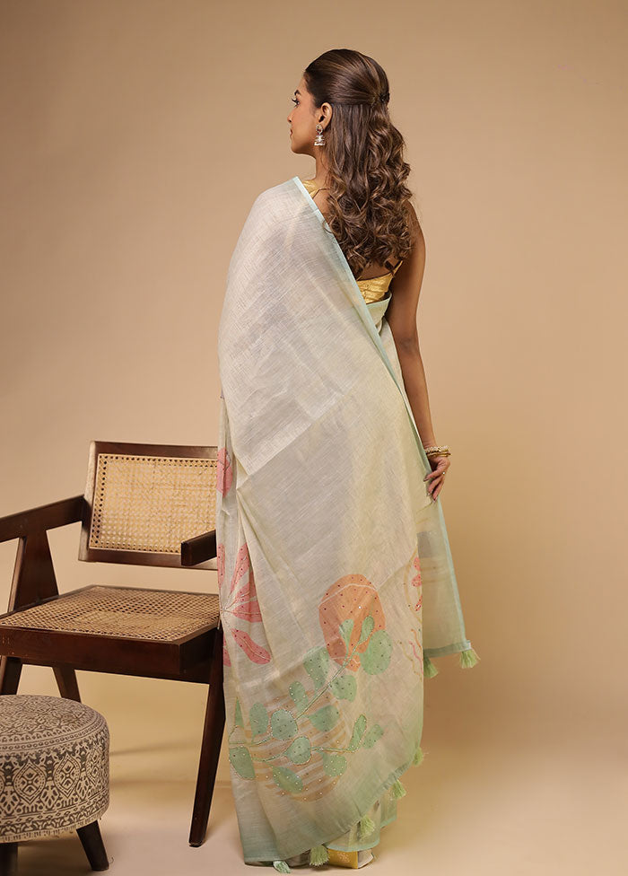 Green Linen Silk Saree With Blouse Piece