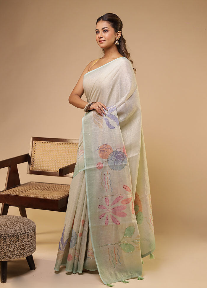 Green Linen Silk Saree With Blouse Piece