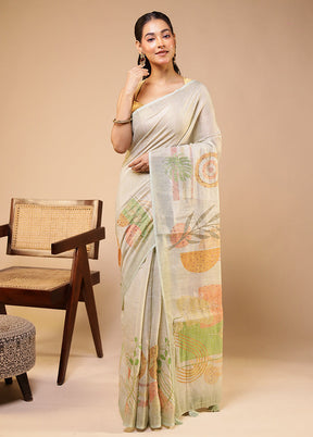 Cream Linen Silk Saree With Blouse Piece