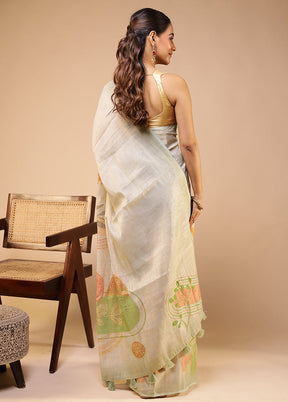 Cream Linen Silk Saree With Blouse Piece