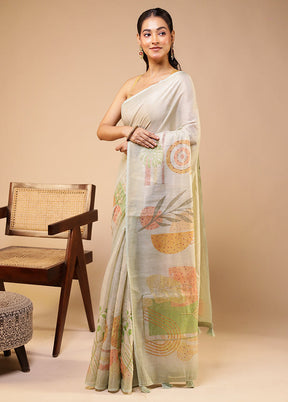 Cream Linen Silk Saree With Blouse Piece