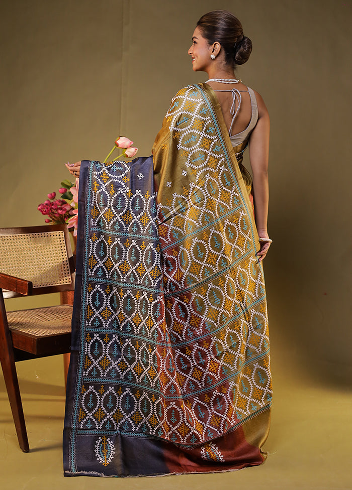 Multicolor Handloom Kantha Stitch Pure Silk Saree With Blouse Piece