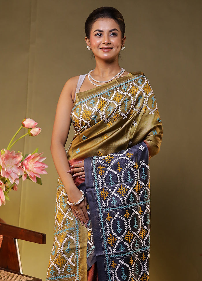 Multicolor Handloom Kantha Stitch Pure Silk Saree With Blouse Piece