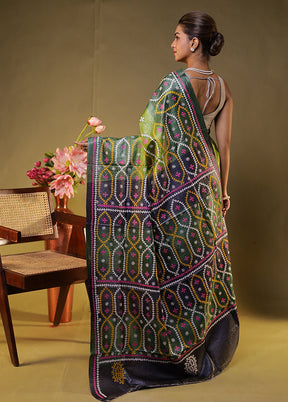 Multicolor Handloom Kantha Stitch Pure Silk Saree With Blouse Piece